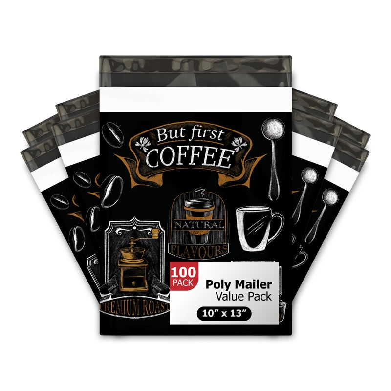 Pro Supply Global 10x13 (100) Coffee Bean Coffee Shop Designer Poly Mailers Waterproof Self Sealing Tear Resistant Polymailers Shipping Envelopes Premium Printed Bags For Small Businesses - Image 1